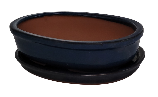 20 x 15 x 7 cm - Glazed Bonsai Pot with Matching Tray - Midnight Blue