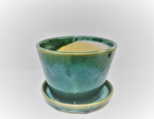 Falling Green Glazed Ceramic Round Pot with Tray